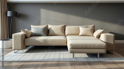 The image showcases a modern, minimalist living room with a sleek L-shaped sectional sofa in neutral beige tones. The sofa is adorned with matching cushions and one accent pillow in a soft blue shade,