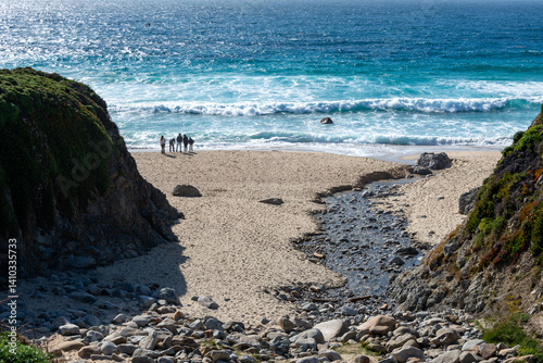 Family on beach California waves pacific coast sand stream river rocks surf Monterey Big Sur 