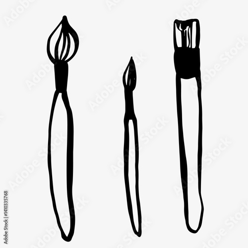 Hand-drawn doodle sketch set of three brushes. Simple and artistic illustration, perfect for creative projects, design tools, and art-related branding, adding a touch of elegance and creativity.