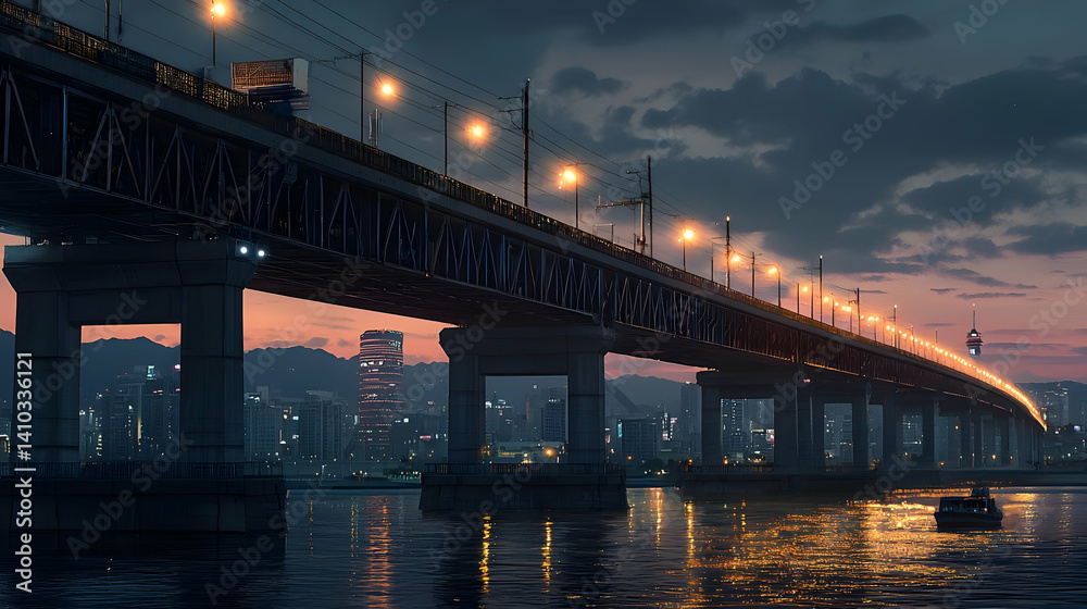 Pixelated City Bridge At Dusk Over River Pixelated City Bridge At Dusk Over River