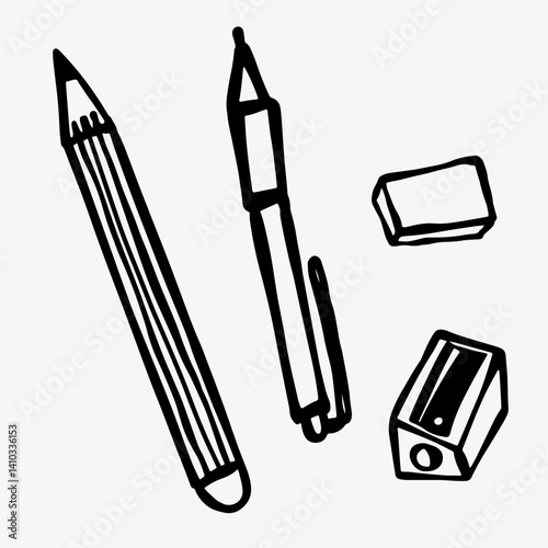 Hand-drawn doodle sketch of a pencil, pen, sharpener, and grater. A simple yet creative illustration, perfect for stationery, office supplies branding, design projects