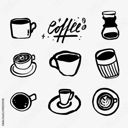 Hand-drawn doodle sketch set of coffee, cups, and various brewing methods. A creative illustration featuring different coffee styles, perfect for coffee branding, menus, and coffee-related designs.