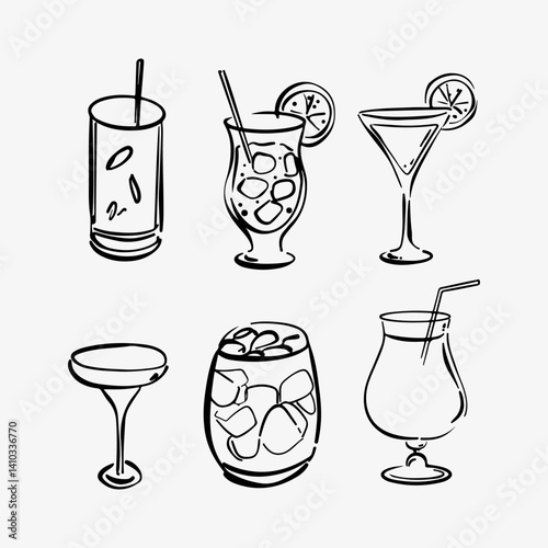 Hand-drawn doodle sketch set of six cocktail glasses, featuring martini, whiskey, gin, margarita, mojito, and rum. Ideal for bar menus, drink branding, and alcohol-related creative designs.