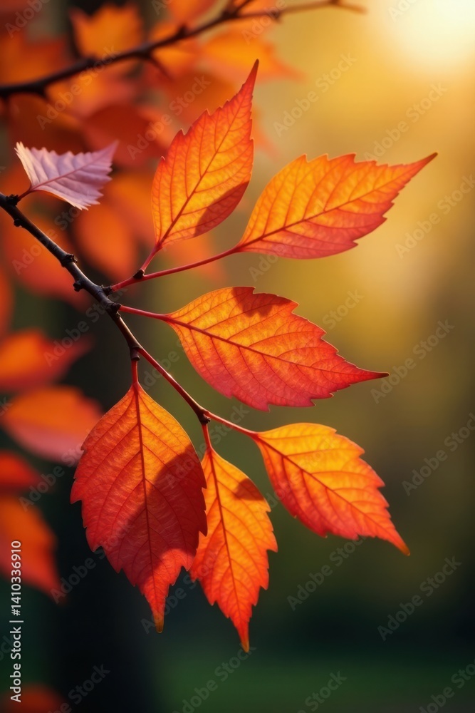 Autumn branch with vibrant orange leaves, delicate branches and soft background, fall, branch