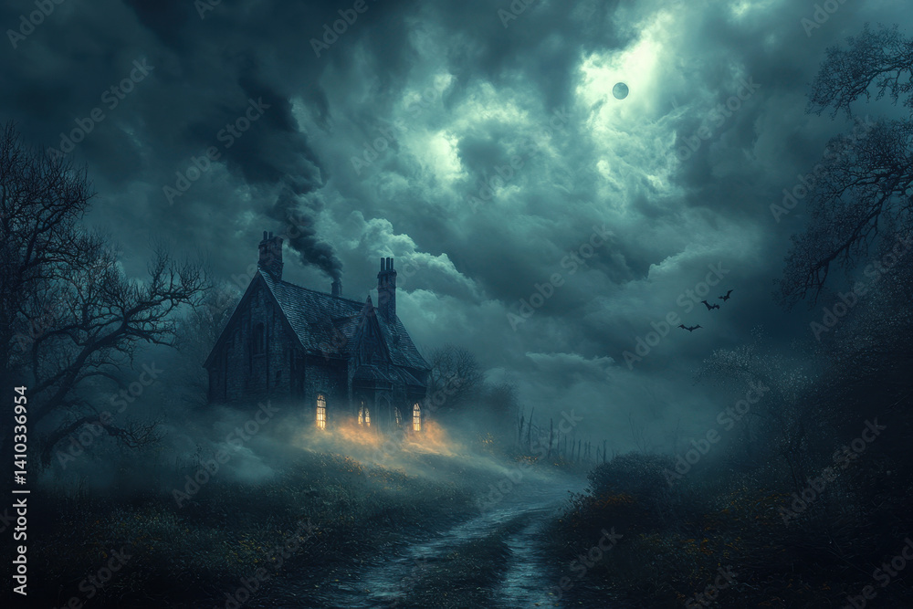 Fototapeta premium Dark house in forest under full moon.