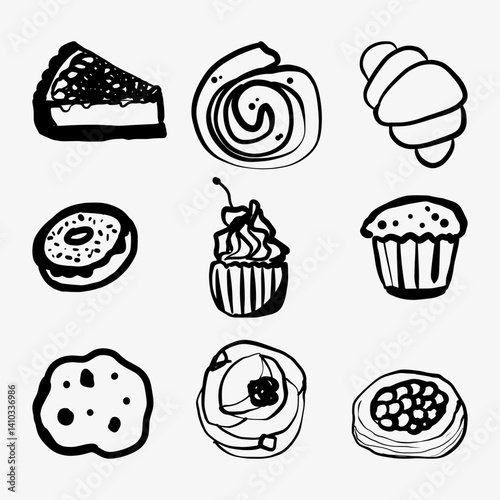 Hand-drawn doodle sketch of a croissant, buns, cake, muffin, and cupcake. A charming illustration perfect for bakery branding, dessert menus, food-related designs, and sweet treat creations.