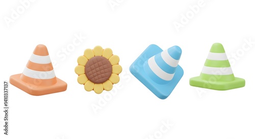 Colorful Traffic Cones and a Flower 3d Render on White Background