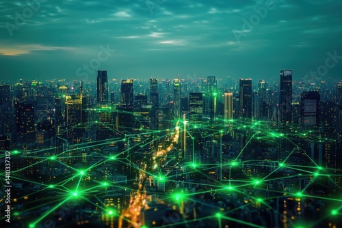 Futuristic green digital city with glowing lights