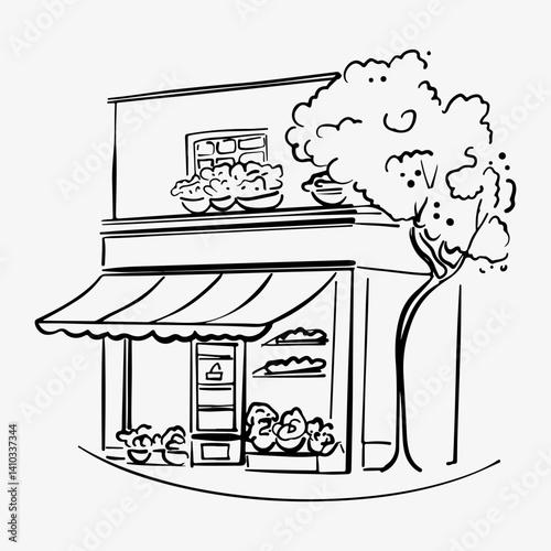Hand-drawn doodle sketch of a cute little house shop. A charming and whimsical illustration, perfect for branding, small business logos, and projects related to cozy retail, boutiques