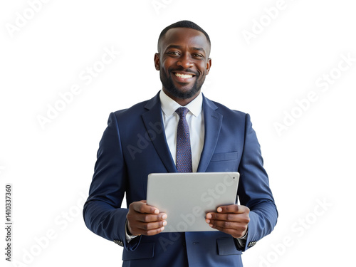 Business portrait isolated on white transparent background: A smiling Black man in a navy suit and tie confidently holds a tablet while looking directly at the viewer against a plain white backgroun