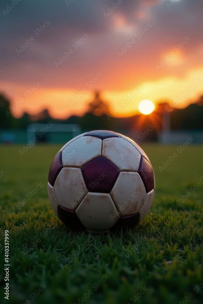 Fototapeta premium Oval ball on sports field at dusk, sunset, football