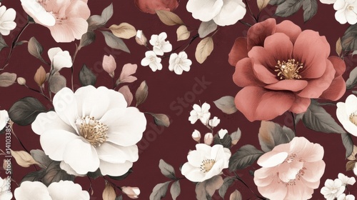 Seamless pattern of blush pink, white, and burgundy roses and foliage on a maroon background. Watercolor style floral design.