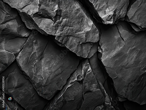 Dark, textured stone wall. Close-up view of rugged, slate-like rock formations. Intricate cracks and fissures create a compelling, natural design. A powerful and substantial image
