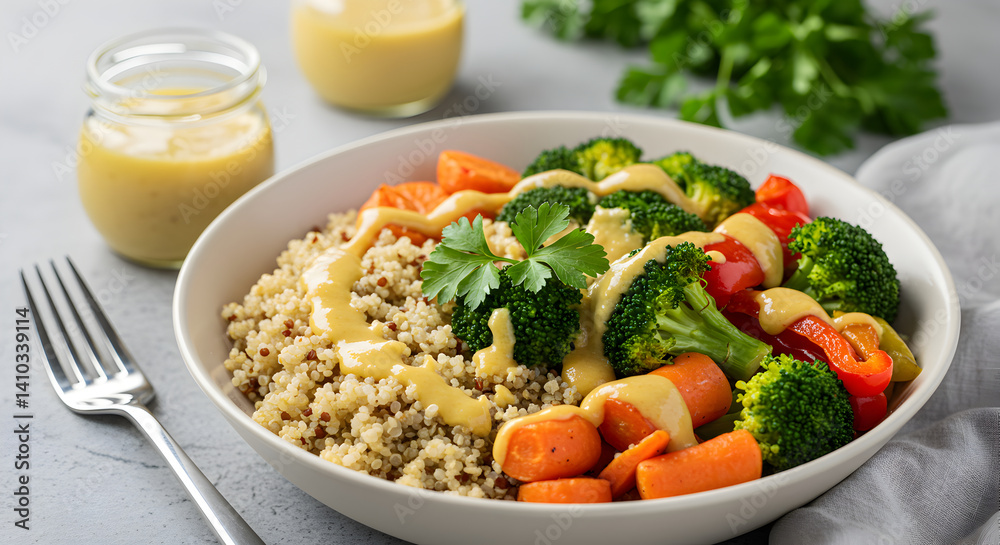 Quinoa Bowl With Roasted Vegetables And Creamy Turmeric Dressing Quinoa Bowl With Roasted Vegetables And Creamy Turmeric Dressing