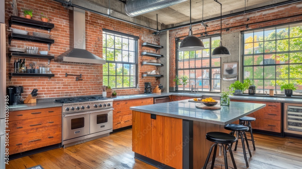 Fototapeta premium Modern kitchen interior design featuring brick walls and wooden cabinetry
