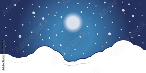 Night starry sky with full moon and cloud. Vector background with cloudy sky, moonlight A night sky with stars and a full glowing moon. Fluffy clouds on the starry sky.eps10