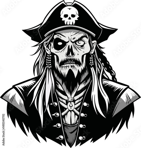 A skull wearing a pirate hat and beard