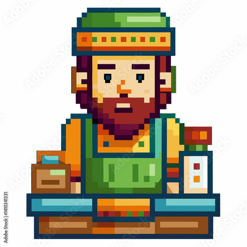 Pixelated Store Clerk Standing Behind Counter with Groceries