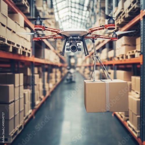 Drone delivery system in a warehouse facility for enhanced logistics. photo
