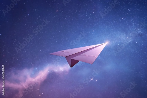 Paper airplane soaring through a starry sky, embodying dreams, imagination, and inspiration for a fantasy-themed visual.