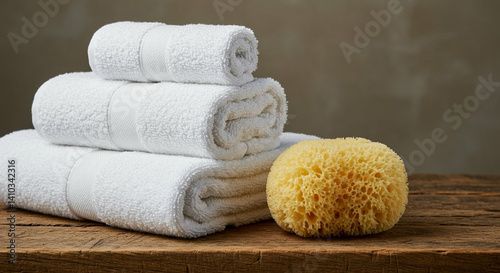 Soft White Towels and Cellulose Sponge on Wooden Board