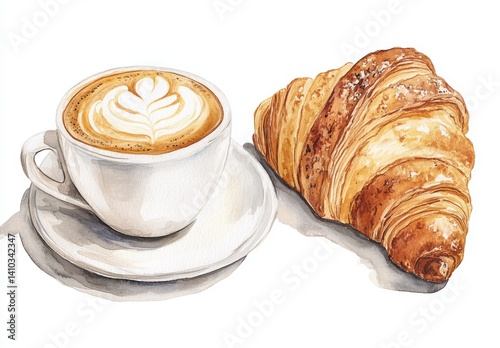 Watercolor painting of a cappuccino and a croissant. The coffee has latte art, and the croissant is golden brown. The style is realistic.