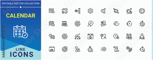 Calendar line icon set. Contain linear symbols countdown, alarm, day, time management and more. Date And Time icon set. Minimal thin line web icons set. Editable vector illustration.