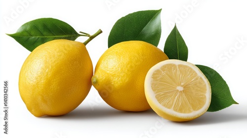 Wallpaper Mural Fresh and Juicy Lemons with Green Leaves on a White Background Torontodigital.ca