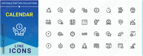 Calendar line icon set. Contain linear symbols countdown, alarm, day, time management and more. Date And Time icon set. Minimal thin line web icons set. Editable vector illustration.