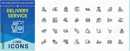 Delivery Service icon set. It contains symbols to delivery, logistic, shipment, ship, deliver and more. Courier icon set. Outline icons pack. Conceptual pictogram and infographic.