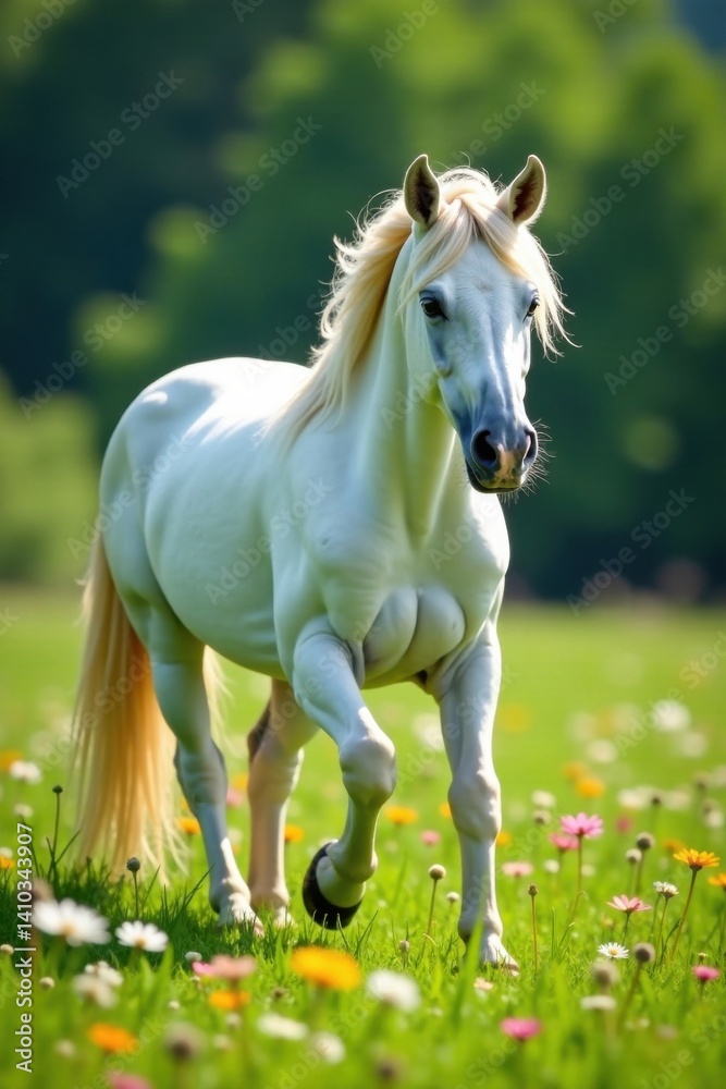 Unicorn Mare prancing in a green meadow with wildflowers, landscape, magical, grass Unicorn Mare prancing in a green meadow with wildflowers, landscape, magical, grass