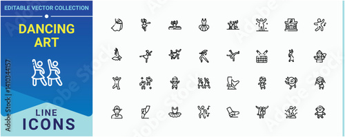 Dancing Art icon set. Related to hip hop, party, dancer, dance, pose, disco and more. Dancing line icon set. Minimalist editable vector stroke. Conceptual pictogram and infographic.
