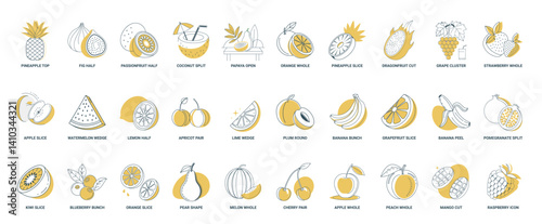 fruits template set featuring fruits like pineapple fig passionfruit coconut papaya orange others whole halved sliced, bunch Banana Grapefruit round peel slice Plum