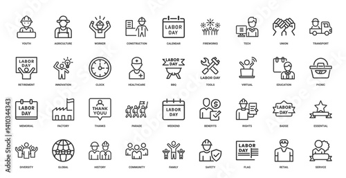 collection themed labor day icons aspects work celebration, BBQ virtual education tools