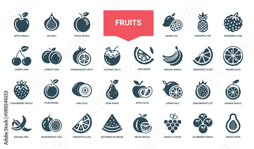 collection fruit icons common exotic varieties for use design, Orange Kiwi Plum Strawberry
