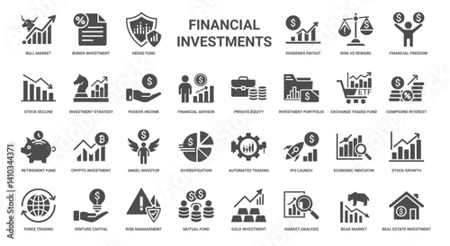 financial investments icons diverse strategies like passive income private equity portfolio management, Decline Growth Retirement Freedom