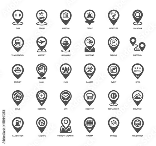 variety location pin icons for places services, park event danger hotel