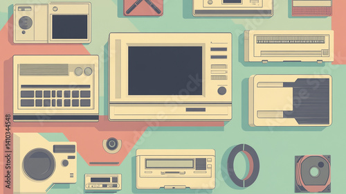 Vintage Technology Pattern, Old School Gadgets in Pastel Colors
