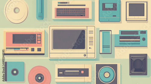 Vintage Technology Pattern, Old School Gadgets in Pastel Colors
