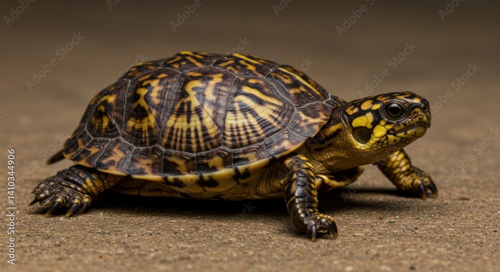 Turtle with patterned shell walking on sandy ground in studio setting. Turtle with patterned shell walking on sandy ground in studio setting.