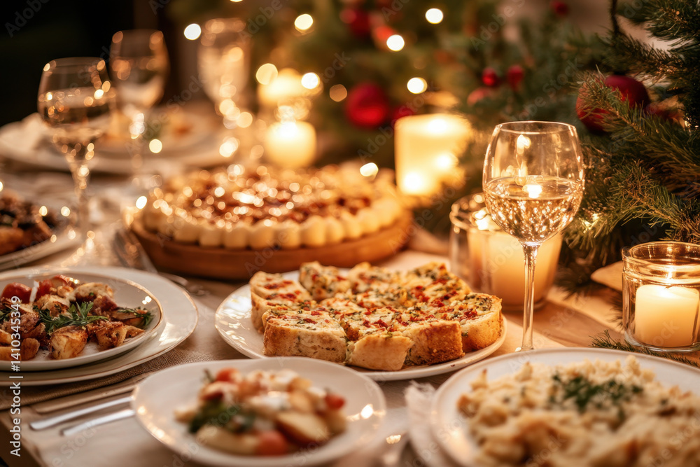 Table set with food plates and lit candles. Table set with food plates and lit candles.