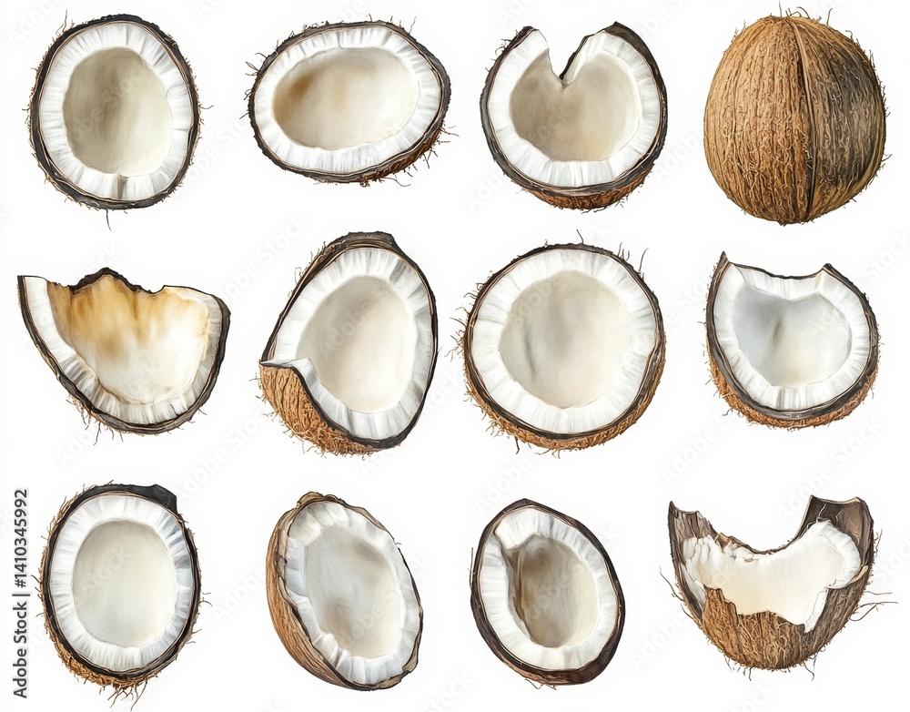 Variety of coconut halves and whole coconuts Variety of coconut halves and whole coconuts