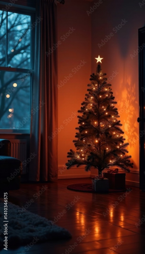 Fototapeta premium Darkened room with lit up Christmas tree on a wall or corner, tree, dark, glow