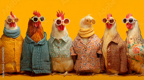 Six chickens in stylish clothing and sunglasses on a yellow background, showcasing humor and fashion in an unexpected context, ideal for a playful or quirky brand