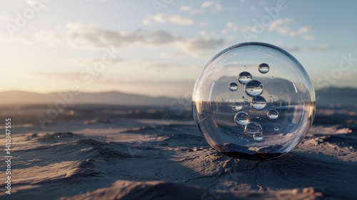 Glass Sphere with Bubbles Reflecting Cityscape at Sunset