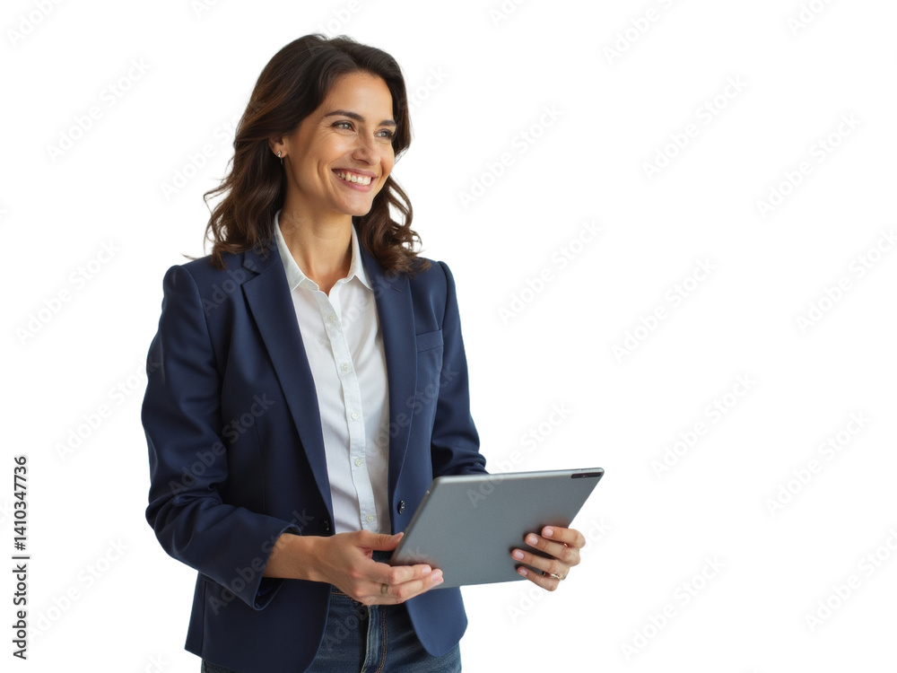 Business portrait isolated on white transparent background: A smiling businesswoman with wavy brown hair holds a tablet and looks off to the side against a plain white wall. Business portrait isolated on white transparent background: A smiling businesswoman with wavy brown hair holds a tablet and looks off to the side against a plain white wall.