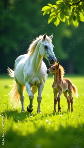 Unicorn Mare in lush green meadow with foal playing in the sunlight, magic, beauty, forest