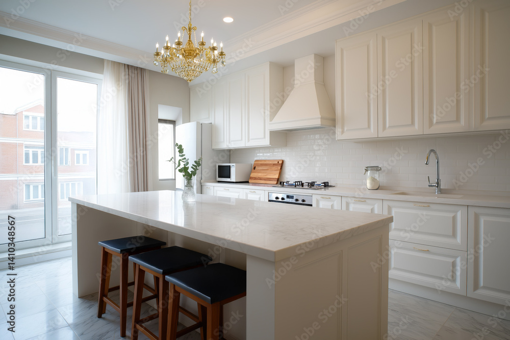 Fototapeta premium White modern kitchen interior of luxury apartment, large island and bright light from window