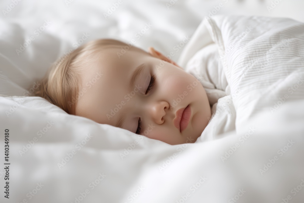 Top View Close-Up of Sleeping Baby on White Bedding, Peaceful Newborn Portrait. Top View Close-Up of Sleeping Baby on White Bedding, Peaceful Newborn Portrait.