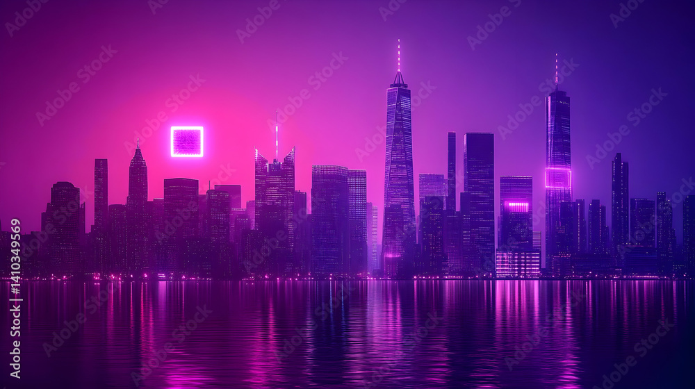 Fototapeta premium Neon Cityscape Skyline At Night With Pink And Purple Lights